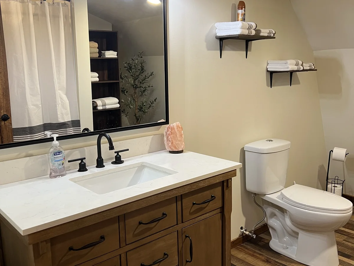 Bathroom vanity and shower at The Piedmont